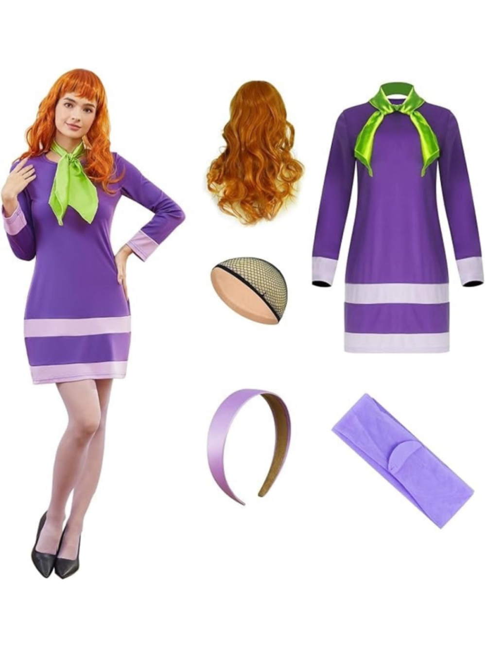 Daphne Blake Scooby Doo Costume Dress, Wig, Tights, Headband & Scarf NEW XXL